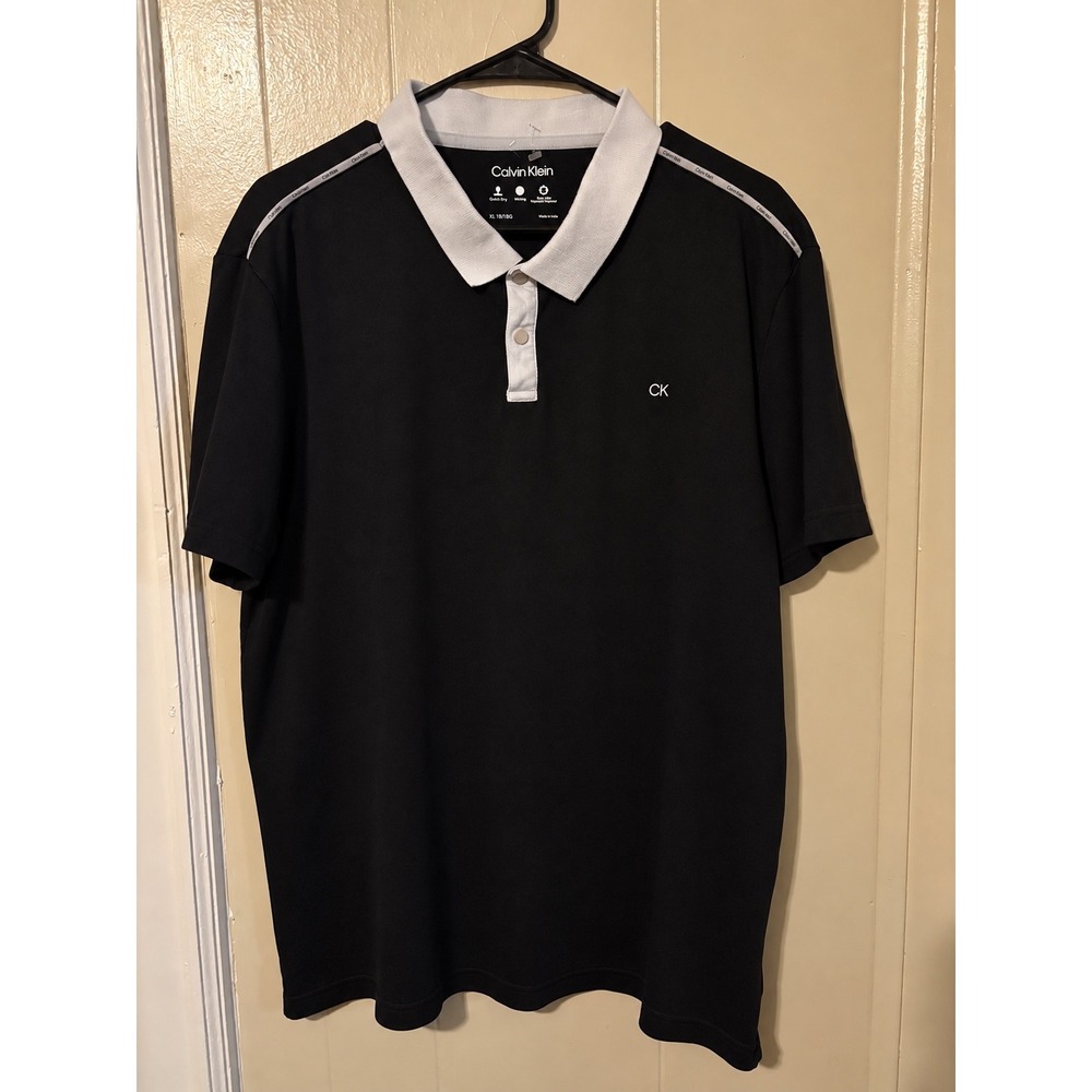 Calvin Klein Mens Black White Contrast Polo Shirt XL Quick Dry Wicking Logo
